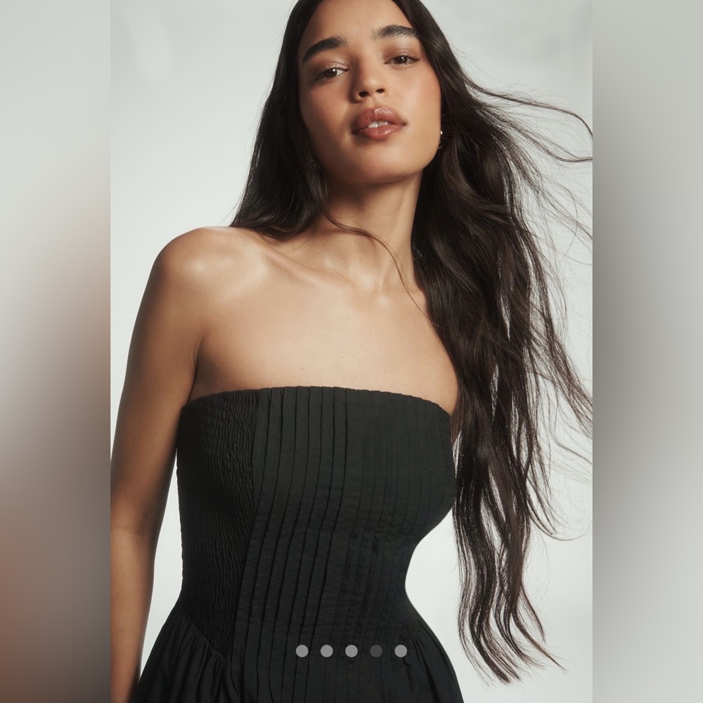 Anthropologie Black Cotton Poplin Strapless Smocked Pintuck Midi Dress - Medium - Picture 3 of 16